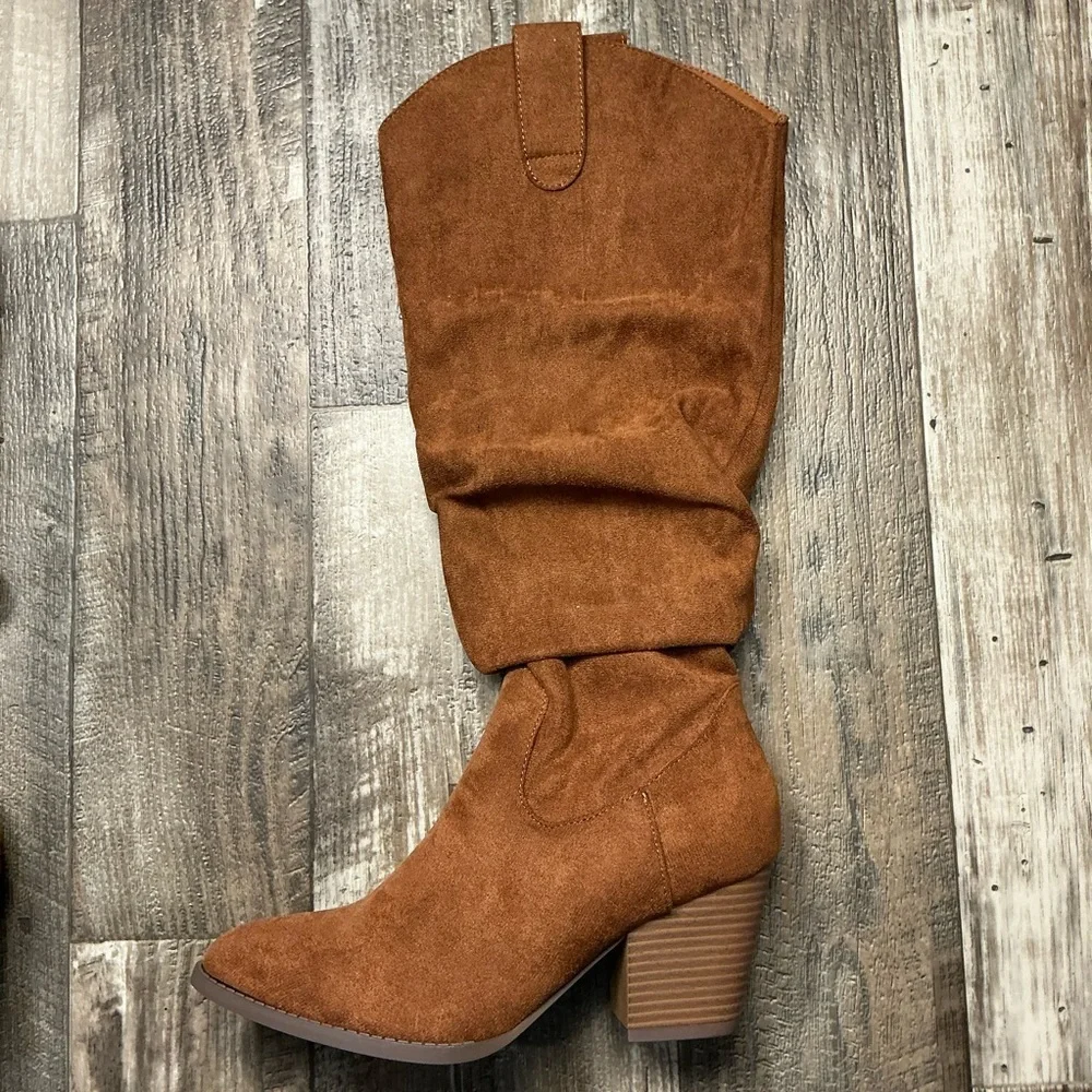 Women's Slouchy Mid-Calf Tan Faux Suede Boot Size 7